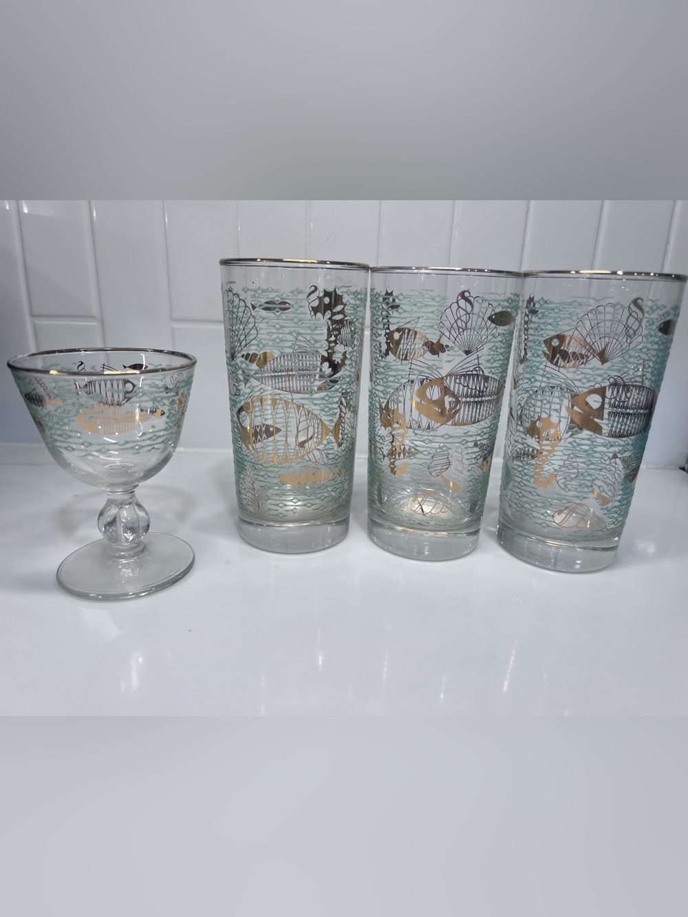 Vintage Libbey Marine Life Gold Aqua Fish MCM 3 Tumbler 5.5” And Cordial Glass